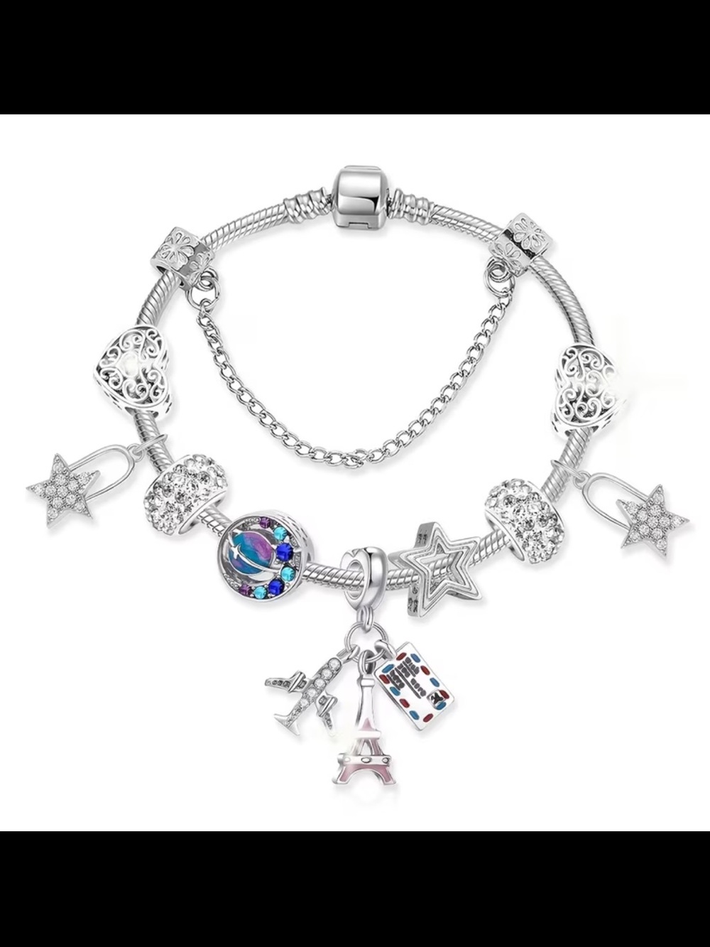 Affordable Fashion Finds Silver Travel Charm Bracelet with Blue Accent Beads